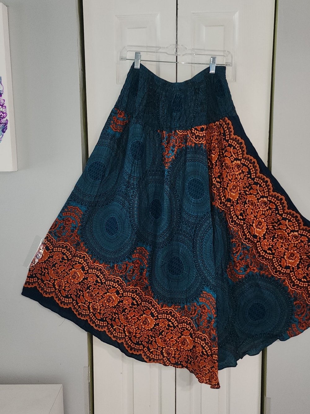 Bohemian Teal and Orange Circle Skirt with Tie Waist - Picture 4 of 8